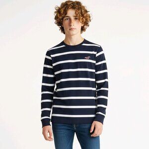 New Hollister Youth Large Navy White Striped Crewneck Long Sleeve Logo(ID85)